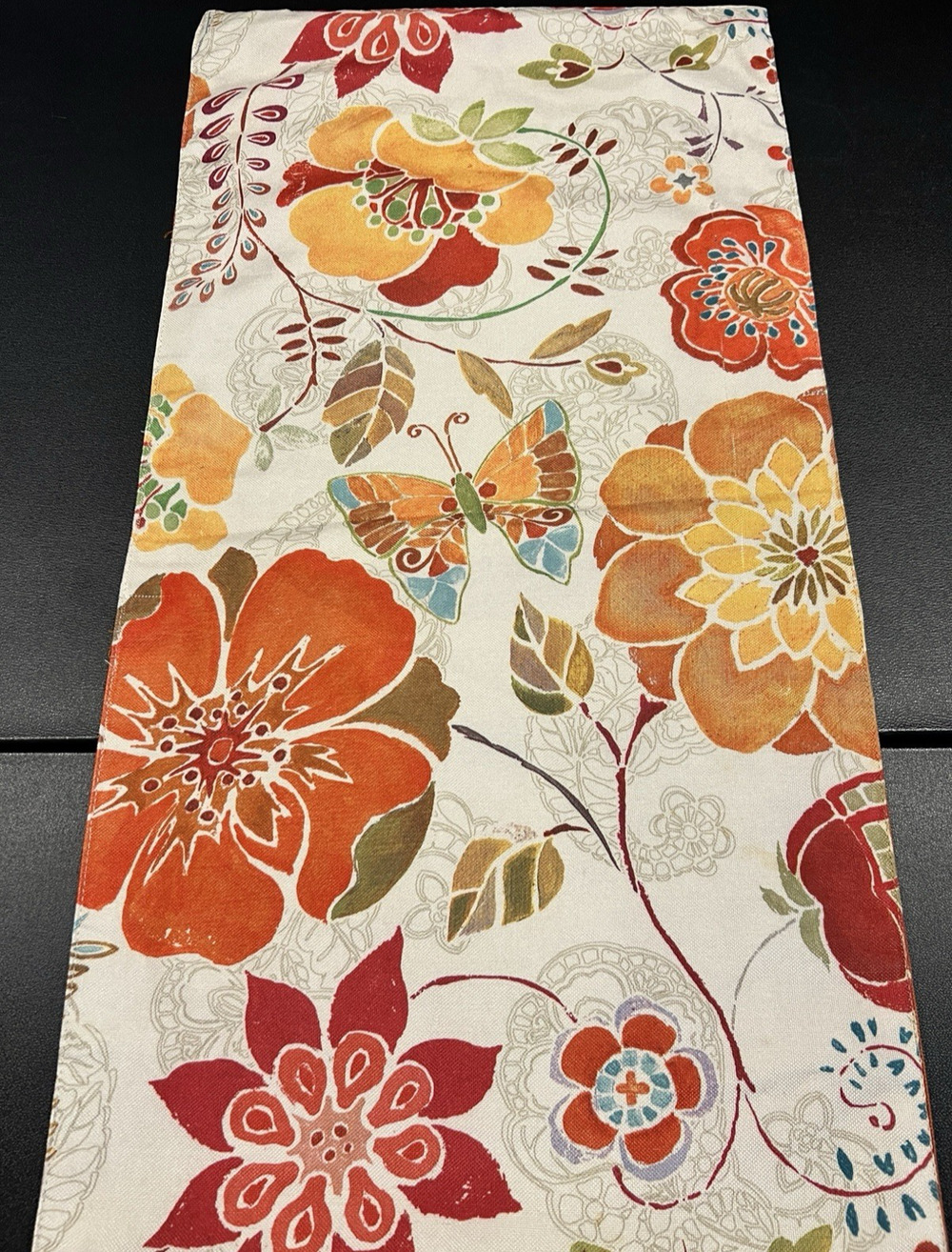 PIER 1 Flower & Butterfly Table Runner Fall Orange Brown Gold Blue 53""x14" VTG